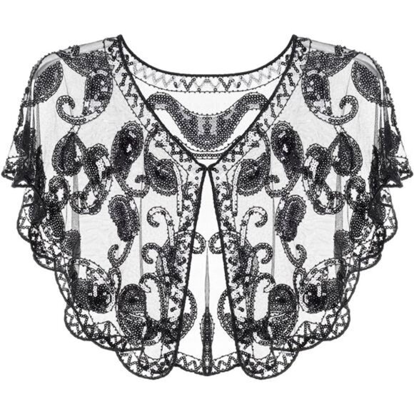 1920s Shawl Wraps Sequin Beaded Black - Picture 3 of 6